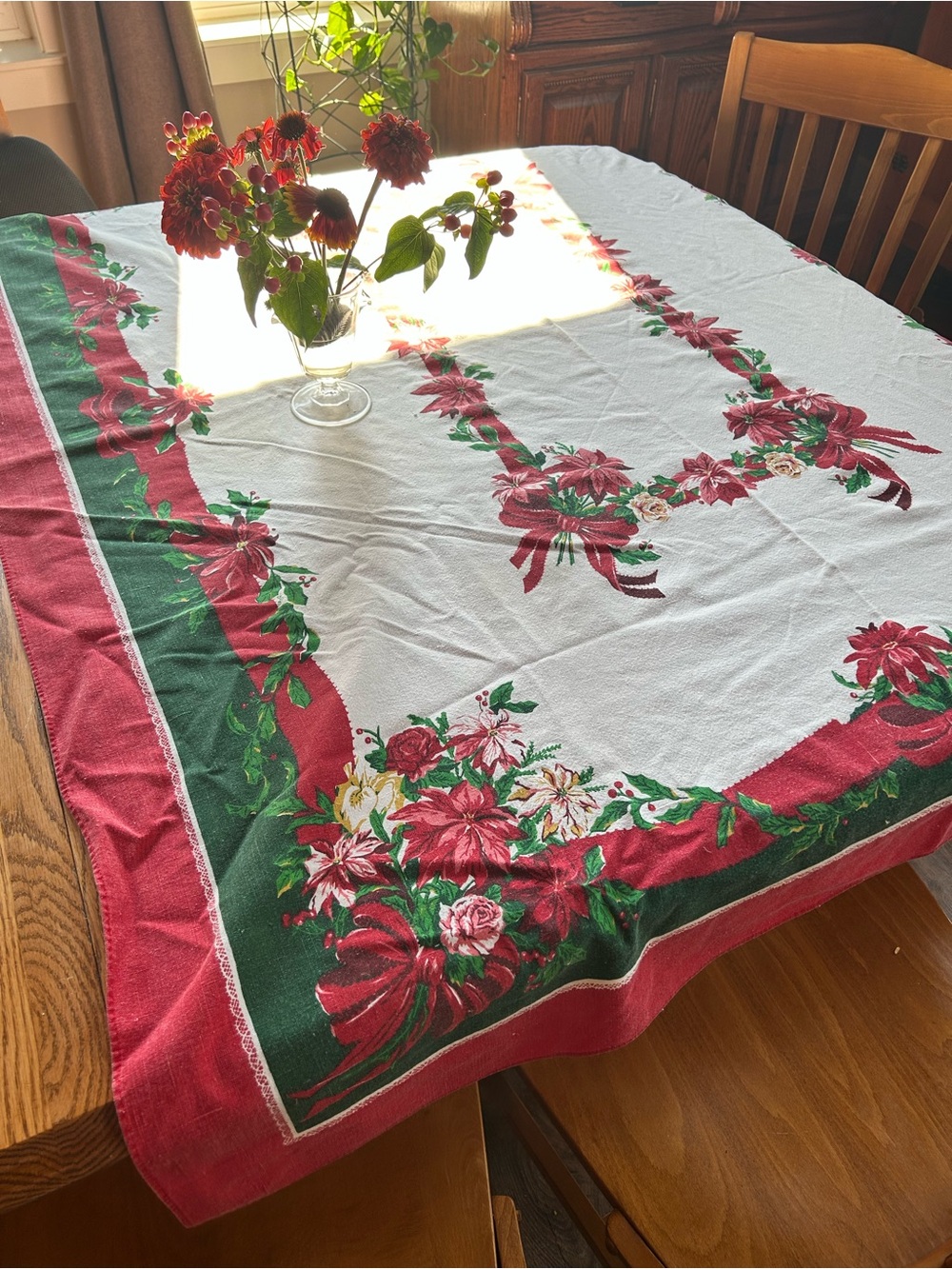 Festive Poinsettia Holiday Tablecloth - Red & Green